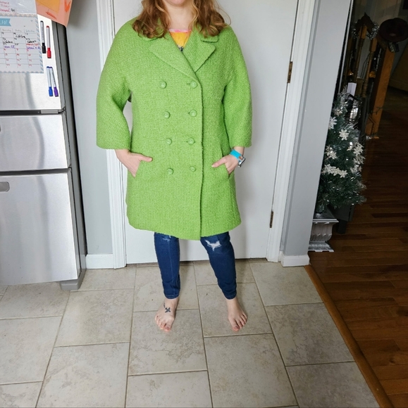 Vintage Miller Schulman Green Double-Breasted Spring Wool Coat, Med, 3/4 Sleeve - Picture 14 of 16